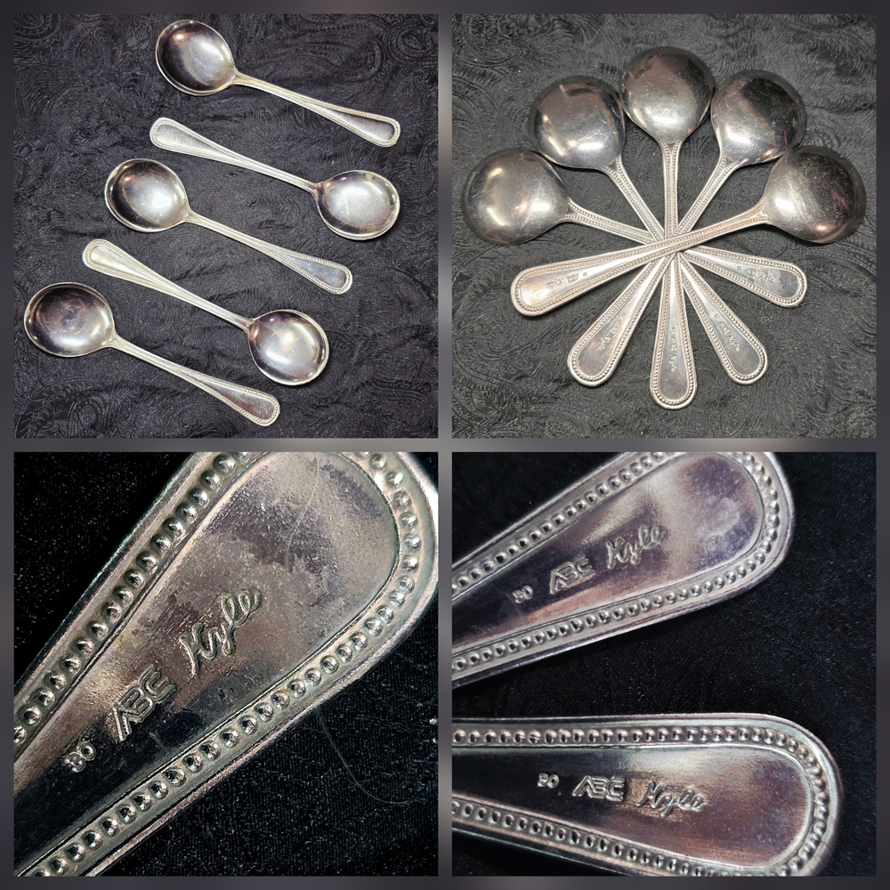 Vintage 30 ABC Kyle Silverplate Soup Spoons Set of 5 Seidenbach's Felt Wrap - Picture 3 of 14